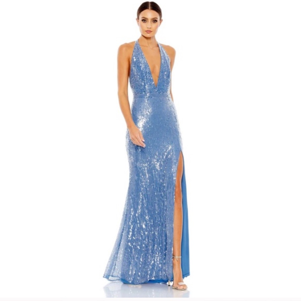 MAC DUGGAL Dress Size 12 Evening Gown Sequin Blue Halter Open Back NEW